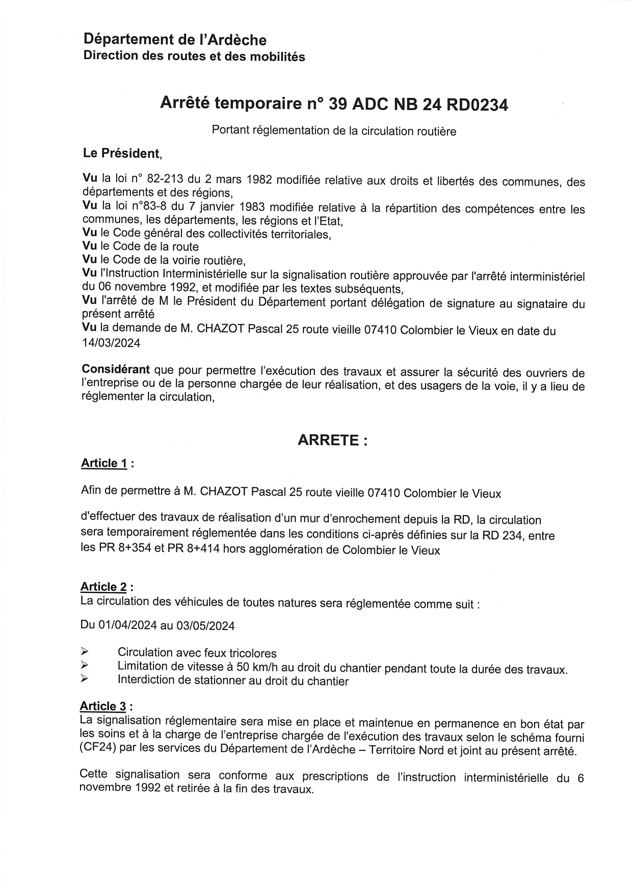 039 ADC NB 24 RD0234 CHAZOT Pascal Travaux de réalisation dun mur denrochement depuis la RD COLOMBIEUR LE VIEUX page 0001