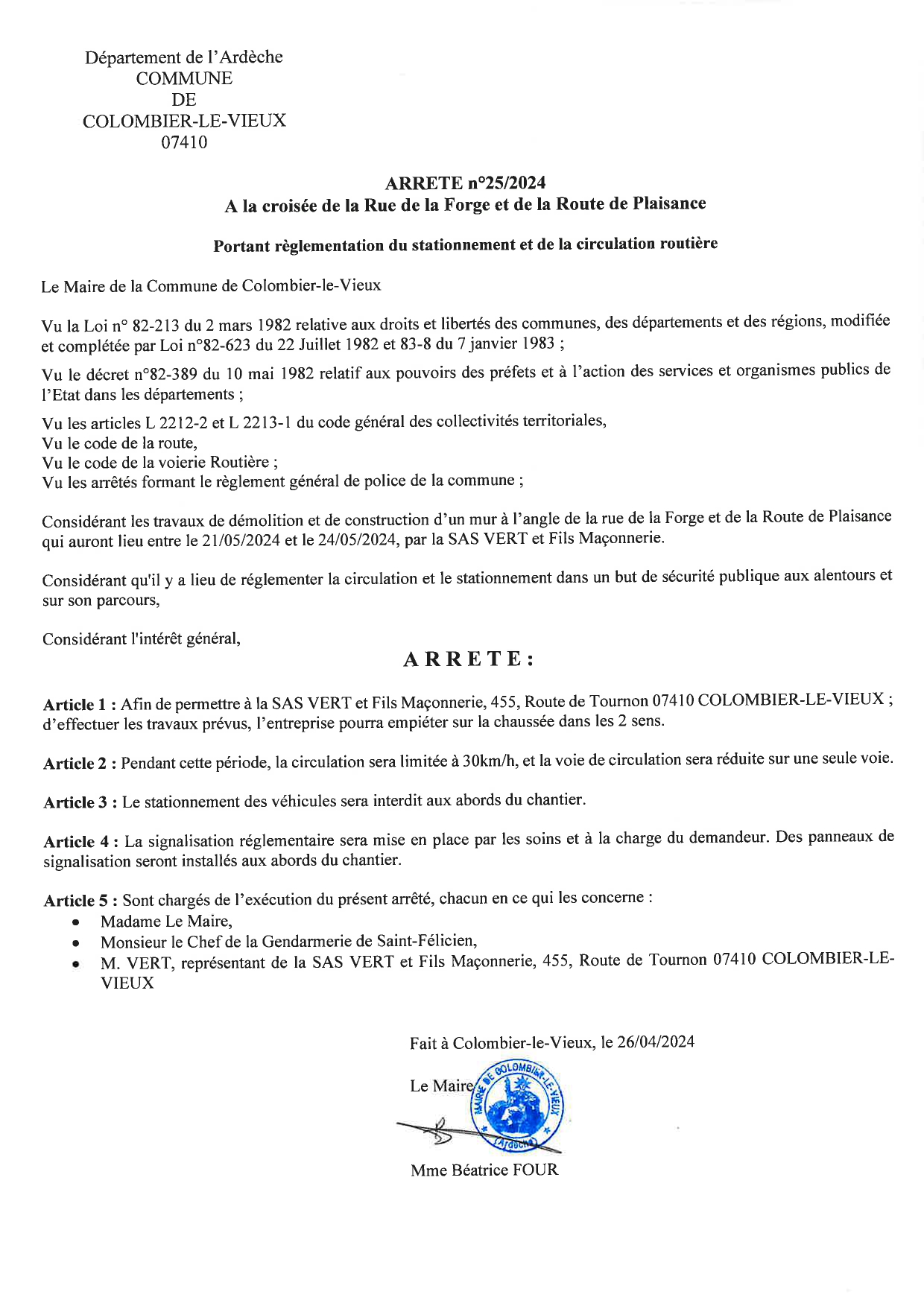 25.2024 Stationnement et Circulation SAS VERT et Fils maçonnerie rue de la forge et rte de plaisance page 0001