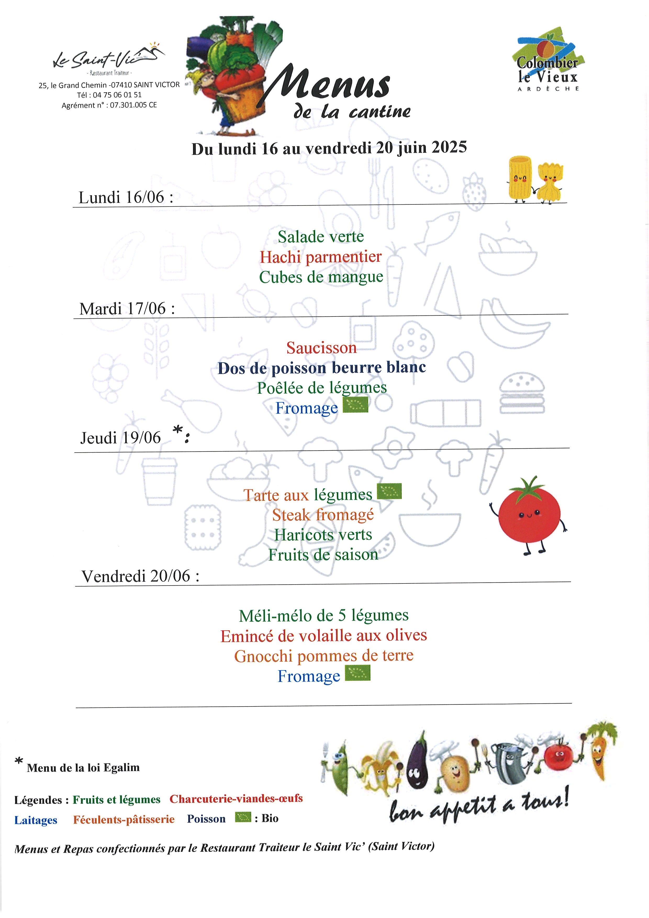 Menus du 16 au 20 juin 2025