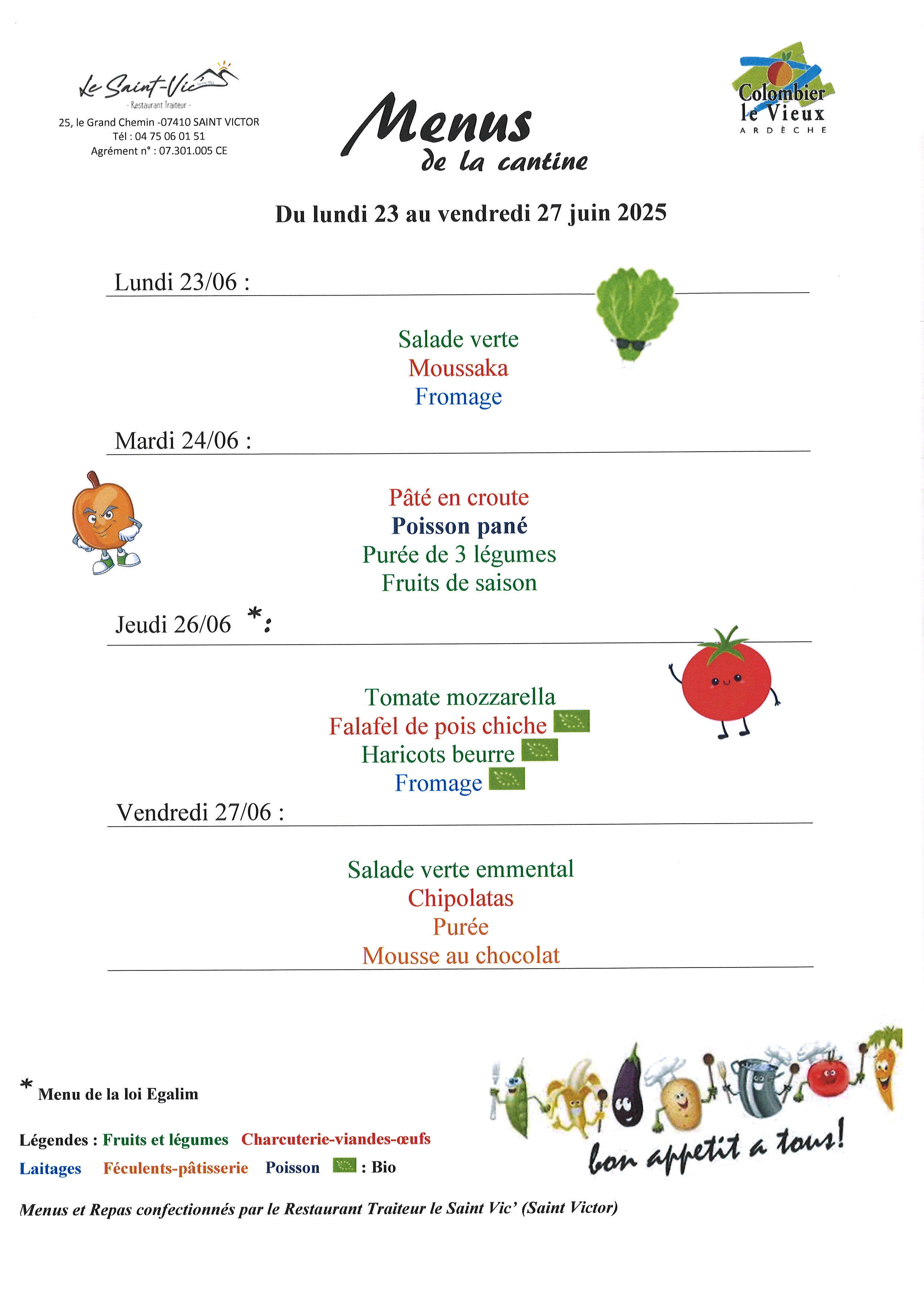 Menus du 23 au 27 juin 2025