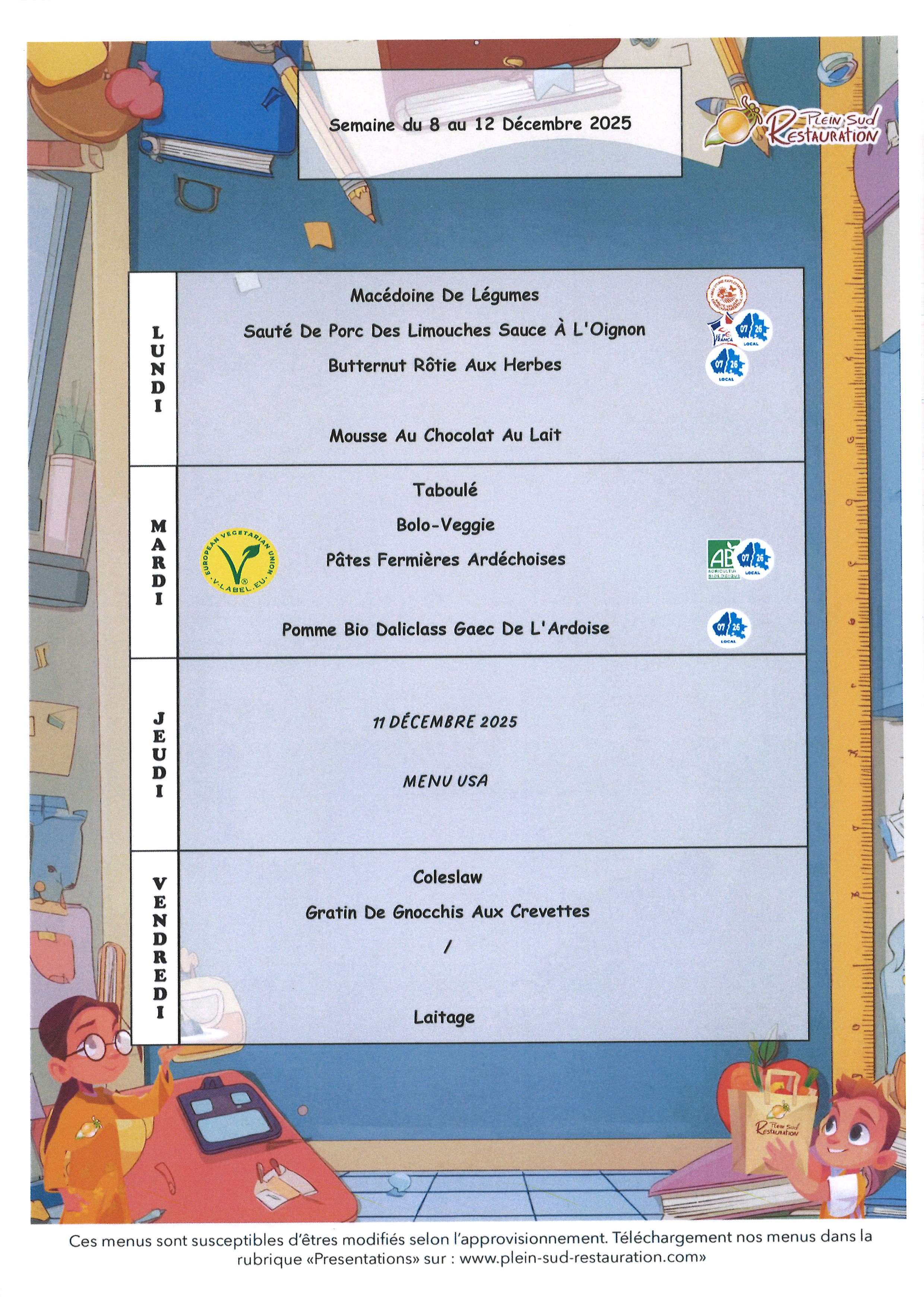 Menu Semaine du 8 au 12 decembre